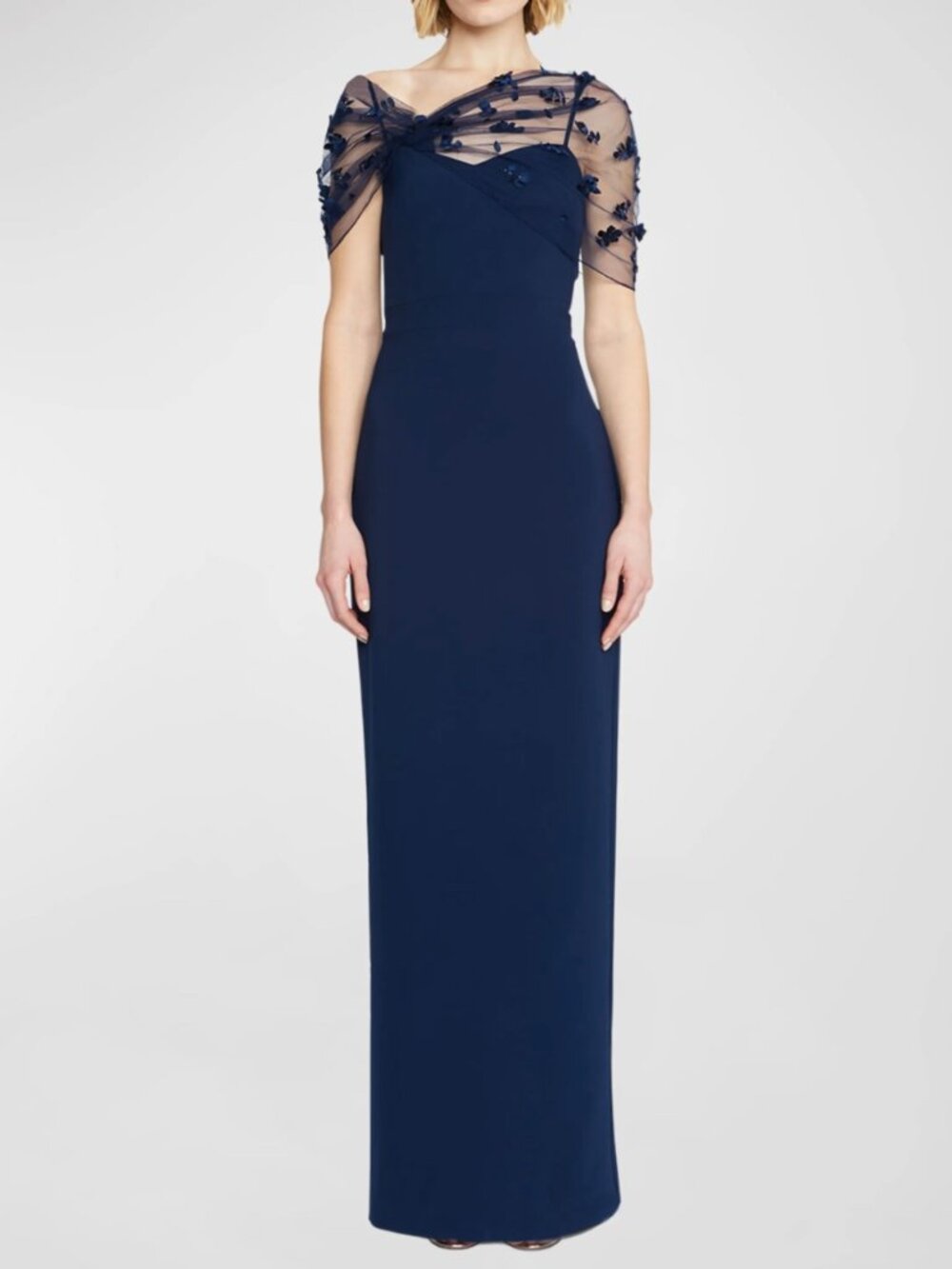 Theia Sofia Shawl Gown- Navy